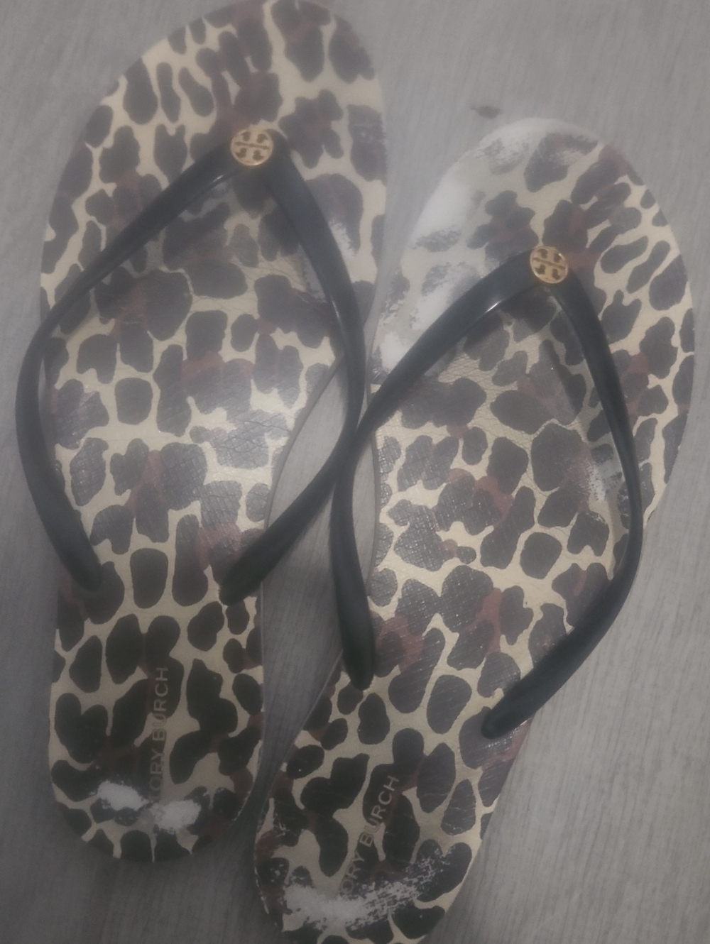 Tory Burch Leopard Print Flip Flop Sandals with Black Straps